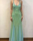Niulatu Beaded Tulle Mermaid Backless Evening Dress Gorgeous Spaghetti Straps Green Long Prom Dresses HZ1103
