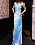 Niulatu Ice Blue Satin Sheath Strapless Evening Dress Elegant Long Prom Dresses with Beading HZ1103