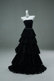 Niulatu Black Strapless A-Line Velvet Layered Long Prom Dresses Formal Evening Dresses HZ1103