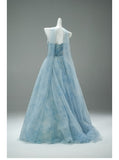 Niulatu Strapless Blue A-Line Tulle Evening Dress Sparkling Beaded Long Prom Dresses HZ1103