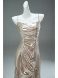 Niulatu Champagne Spaghetti Strap Mermaid Shining Long Evening Dress Elegant Prom Dress HZ1103