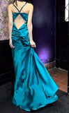 Niulatu Teal Spaghetti Straps Satin Sheath Backless Retro Long Party Dress HZ1103