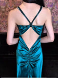 Niulatu Teal Spaghetti Straps Satin Sheath Backless Retro Long Party Dress HZ1103