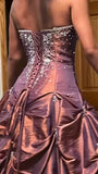 Niulatu Red Brown Strapless A-Line Satin Beaded Long Prom Dresses HZ1103