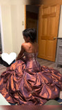 Niulatu Red Brown Strapless A-Line Satin Beaded Long Prom Dresses HZ1103
