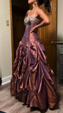 Niulatu Red Brown Strapless A-Line Satin Beaded Long Prom Dresses HZ1103
