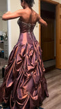Niulatu Red Brown Strapless A-Line Satin Beaded Long Prom Dresses HZ1103