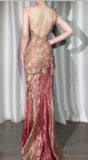 Niulatu Gold Lace Applique Bodycon Pink Tulle Long Prom Dresses Vintage Formal Evening Dress HZ1103