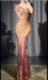 Niulatu Gold Lace Applique Bodycon Pink Tulle Long Prom Dresses Vintage Formal Evening Dress HZ1103
