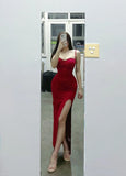 Niulatu Red Spaghetti Strap Satin Bodycon Long Prom Dresses Evening Dresses with Slit HZ1103