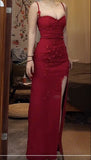 Niulatu Red Spaghetti Strap Satin Bodycon Long Prom Dresses Evening Dresses with Slit HZ1103