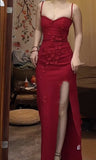 Niulatu Red Spaghetti Strap Satin Bodycon Long Prom Dresses Evening Dresses with Slit HZ1103