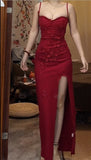 Niulatu Red Spaghetti Strap Satin Bodycon Long Prom Dresses Evening Dresses with Slit HZ1103