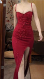 Niulatu Red Spaghetti Strap Satin Bodycon Long Prom Dresses Evening Dresses with Slit HZ1103
