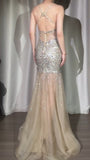 Niulatu Spaghetti Straps Glitter Sequin Mermaid Elegant Formal Evening Dress Tulle V-Neck Backless Long Prom Dresses HZ1103