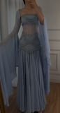 Niulatu Purple Sheath Tulle Beaded Sleeves Long Prom Dresses HZ1103