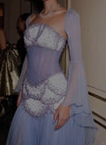 Niulatu Purple Sheath Tulle Beaded Sleeves Long Prom Dresses HZ1103