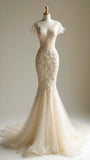 Niulatu Ivory V-neck Tulle Mermaid Lace Applique Wedding Dress Simple Evening Dress HZ1103