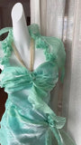 Niulatu Green Chiffon Satin Sheath Party Dresses Halter Neck 3D Applique Cocktail Dress HZ1103