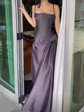 Niulatu Dark Gray Purple Spaghetti Straps Sheath Satin Evening Dress Long Prom Dresses HZ1103