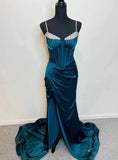 Niulatu Dark Teal Spaghetti Strap Mermaid Satin Beaded Formal Evening Dress Long Prom Dresses HZ1103