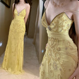 Niulatu Butter Yellow Spaghetti Straps A-line Tulle Beaded Long Prom Dresses Backless Evening Gowns HZ1103