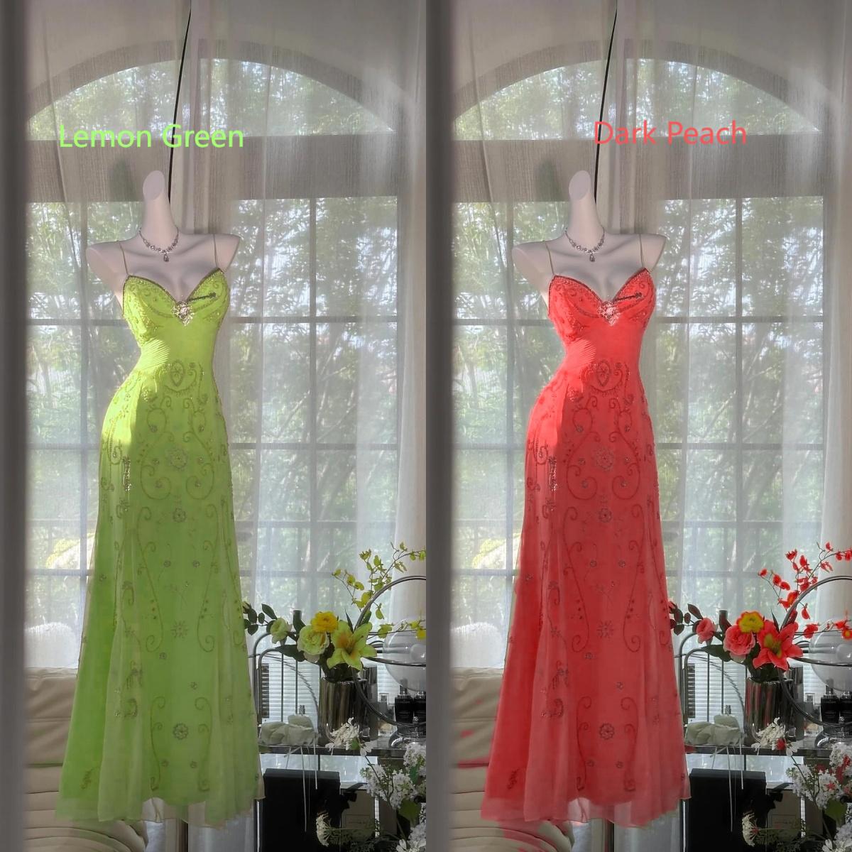 Niulatu Butter Yellow Spaghetti Straps A-line Tulle Beaded Long Prom Dresses Backless Evening Gowns HZ1103