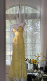 Niulatu Butter Yellow Spaghetti Straps A-line Tulle Beaded Long Prom Dresses Backless Evening Gowns HZ1103