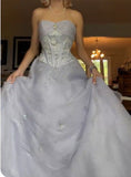 Niulatu Lilac Strapless Tulle A-Line Long Prom Dresses Unique Wedding Dresses HZ1103