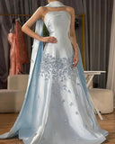 Niulatu Gray Blue Satin A-Line Strapless Wedding Dress Formal Evening Dress HZ1103