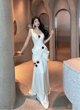 Niulatu White Satin Mermaid Off-the-shoulder Long Prom Dresses Simple Formal Evening Dresses HZ1103