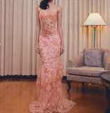 Niulatu Lace Beaded Spaghetti Straps Tulle Sheath Long Prom Dress Charming Evening Party Dress HZ1103