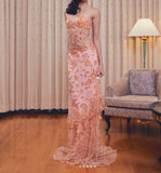 Niulatu Lace Beaded Spaghetti Straps Tulle Sheath Long Prom Dress Charming Evening Party Dress HZ1103