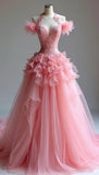Niulatu Peach V-Neck A-Line Lace Tulle Wedding Dress Long Prom Dresses HZ1103