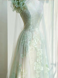 Niulatu Light Green One Shoulder A-Line Tulle Applique Wedding Dress Formal Evening HZ1103