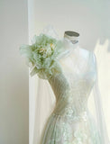 Niulatu Light Green One Shoulder A-Line Tulle Applique Wedding Dress Formal Evening HZ1103