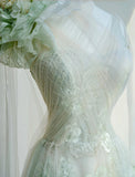 Niulatu Light Green One Shoulder A-Line Tulle Applique Wedding Dress Formal Evening HZ1103