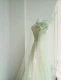 Niulatu Light Green One Shoulder A-Line Tulle Applique Wedding Dress Formal Evening HZ1103