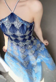 Niulatu Ocean Blue Halter A-Line Tulle Sequin Wedding Dress Long Prom Dress HZ1103