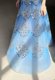 Niulatu Ocean Blue Halter A-Line Tulle Sequin Wedding Dress Long Prom Dress HZ1103