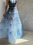 Niulatu Ocean Blue Halter A-Line Tulle Sequin Wedding Dress Long Prom Dress HZ1103