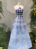 Niulatu Ocean Blue Halter A-Line Tulle Sequin Wedding Dress Long Prom Dress HZ1103
