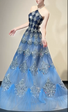 Niulatu Ocean Blue Halter A-Line Tulle Sequin Wedding Dress Long Prom Dress HZ1103