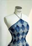 Niulatu Ocean Blue Halter A-Line Tulle Sequin Wedding Dress Long Prom Dress HZ1103