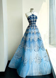 Niulatu Ocean Blue Halter A-Line Tulle Sequin Wedding Dress Long Prom Dress HZ1103