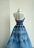 Niulatu Ocean Blue Halter A-Line Tulle Sequin Wedding Dress Long Prom Dress HZ1103
