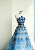 Niulatu Ocean Blue Halter A-Line Tulle Sequin Wedding Dress Long Prom Dress HZ1103