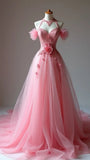 Niulatu V-neck A-Line Tulle Sleeveless Train Wedding Dresses with Lace Appliques HZ1103