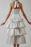 Niulatu A-Line Halter Prom Dress Tiered Satin Empire-Waist Sleeveless Party Dress 22nd Birthday Dress with Bow HZ1103