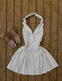 Niulatu White V-neck Satin Backless A-line Party Dresses Beautiful Homecoming Dress HZ1103
